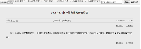 央行：5月三家政策性银行净归还抵押补充贷款2700亿元