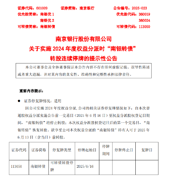 南京银行：实施2024年度权益分派时“南银转债”将停止转股