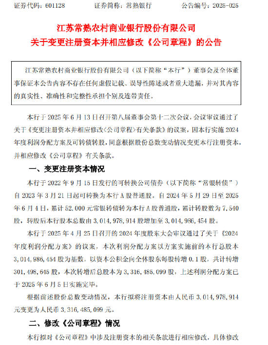 常熟银行：拟将注册资本增加至33.16亿元