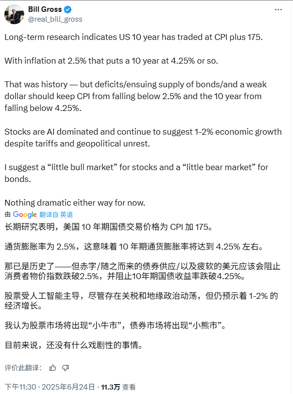 债王格罗斯：美股将迎来“小牛市”，而美债则是“小熊市”