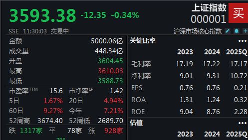 两市震荡整理，沪指半日微跌0.34%