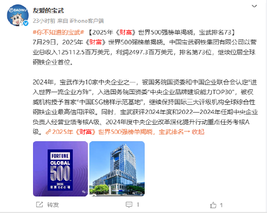 2025年《财富》世界500强榜单揭晓，宝武排名73