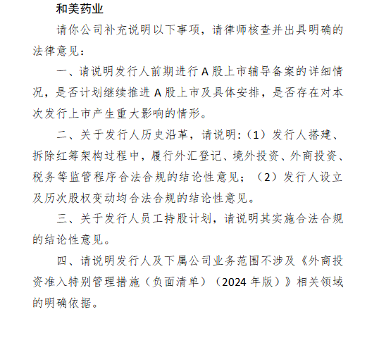 和美药业赴港上市收证监会反馈：需说明A股辅导、历史沿革等问题，搭建、拆除红筹架构过程中合法合规情况