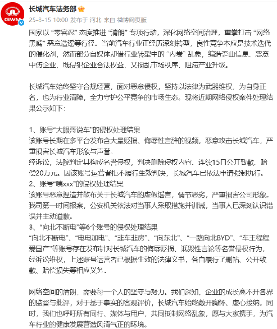 长城汽车法务部公示网络侵权案处理结果，涉及“大眼哥说车”等6个账号