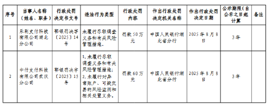 中付支付武汉分公司被罚60万元：未履行尽职调查义务和有关风险管理措施