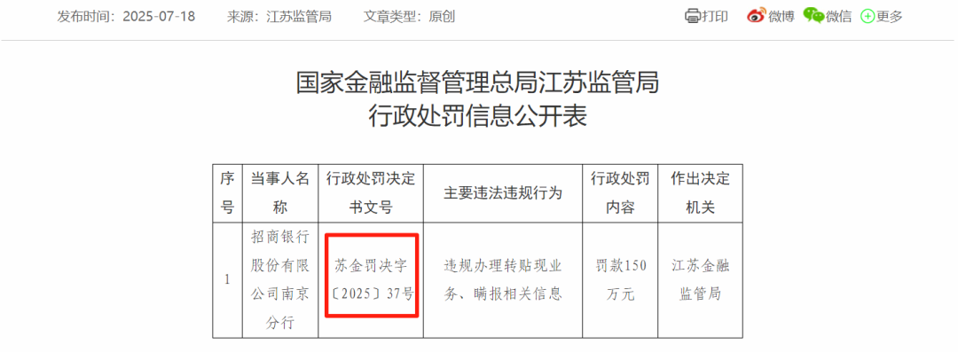 【头条】因违规办理转贴现业务、瞒报相关信息，招商银行南京分行领罚单！另三人被警告并罚款，一人遭禁业20年